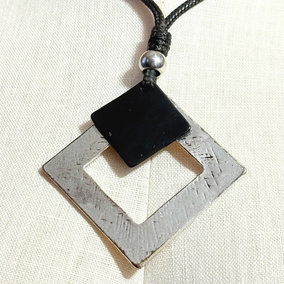 Black and Silver Geometric Pendant Necklace - 31" 2" extension Women Jewelry - Picture 2 of 3